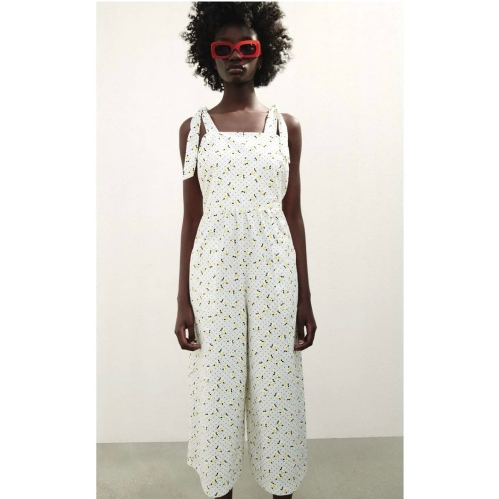 Zara Printed Culotte Jumpsuit Textured Floral Dot Tie Straps Size L